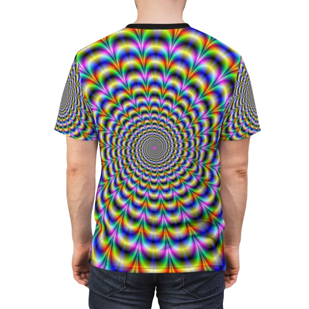 A vibrant psychedelic swirl design on a t-shirt, creating a mesmerizing, trippy optical effect. - men back