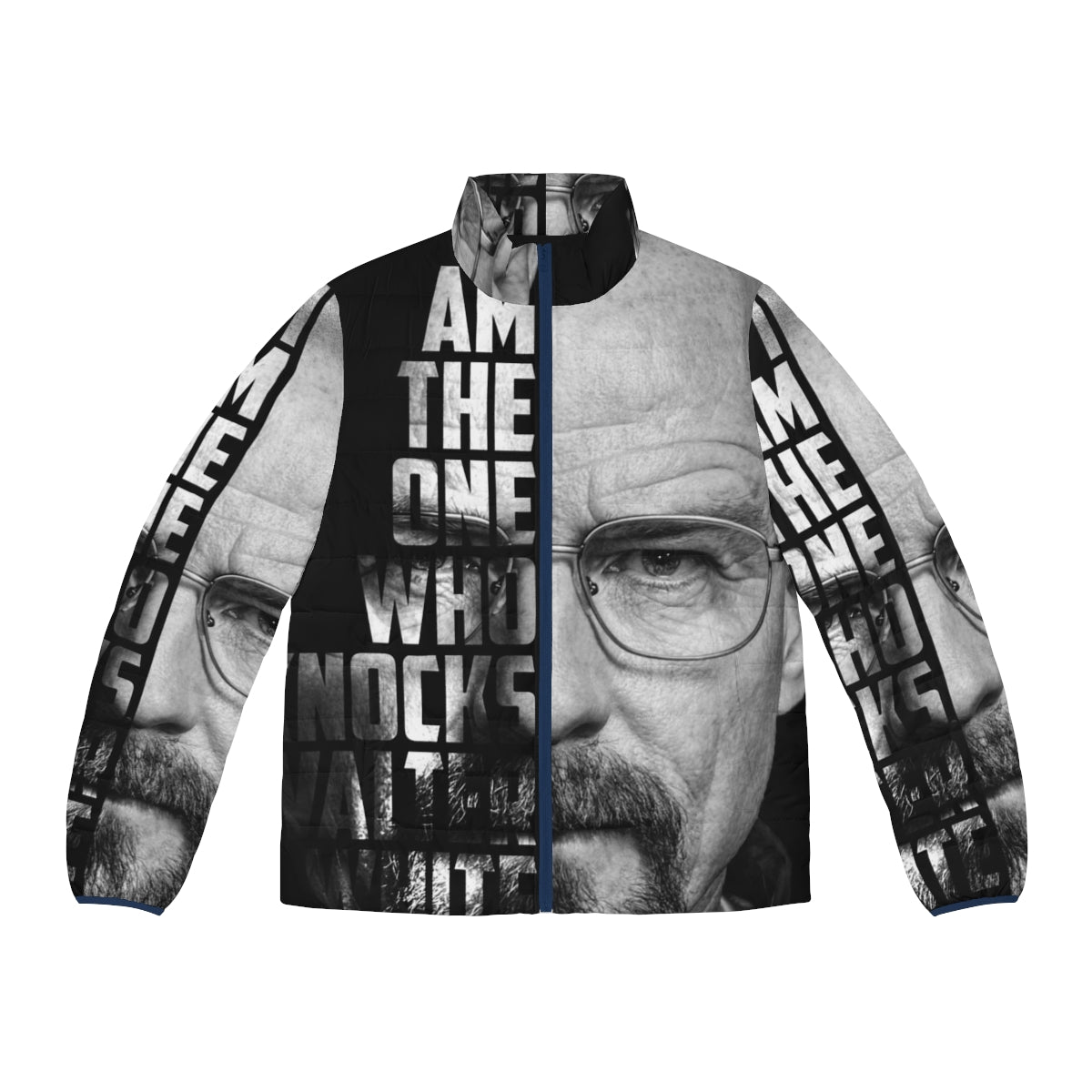 "Breaking Bad 'I Am The One Who Knocks' Puffer Jacket featuring Walter White in a chemistry-themed design"