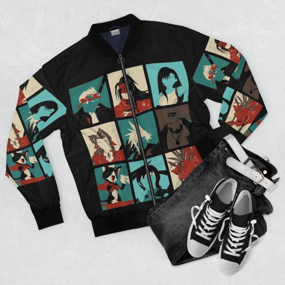 A bomber jacket featuring characters and imagery from the beloved Final Fantasy VII game. - Flat lay