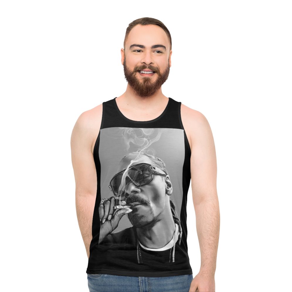 Snoop Dogg inspired unisex tank top with cannabis graphic design - men