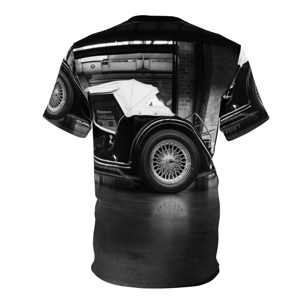 Charcoal drawing of a classic 1966 Morgan Plus 8 sports car on a retro t-shirt - Back