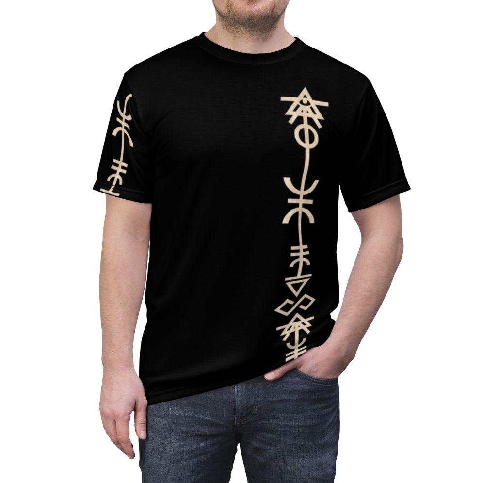 Minimalist alien rune graphic design on a t-shirt for space elf enthusiasts - men front