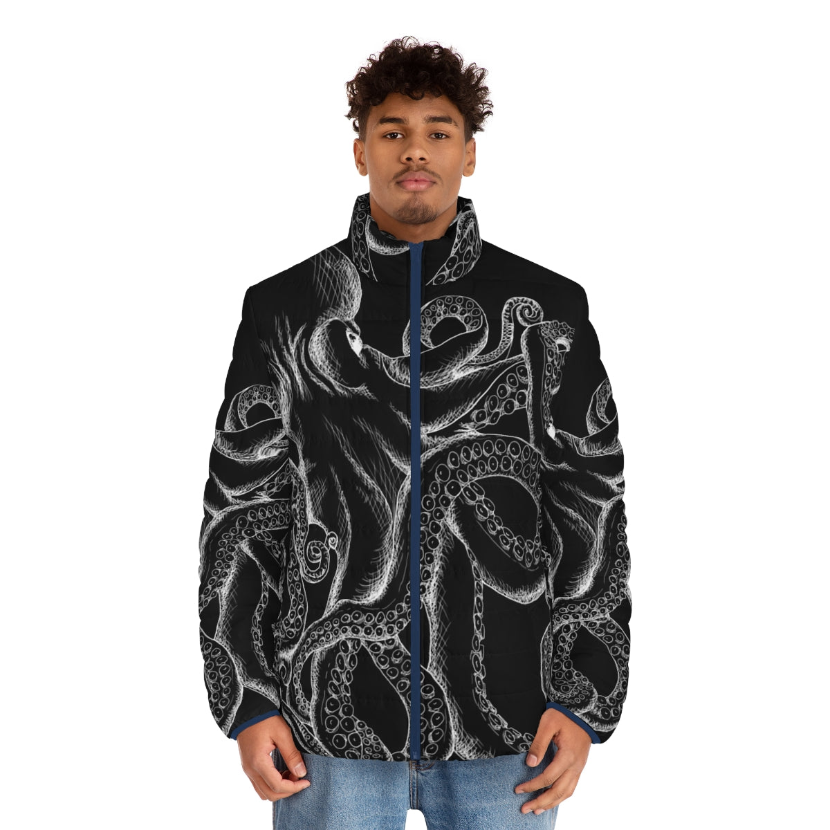 Octopus White Line Art Puffer Jacket - Minimalist Deep Sea Creature Design - men front