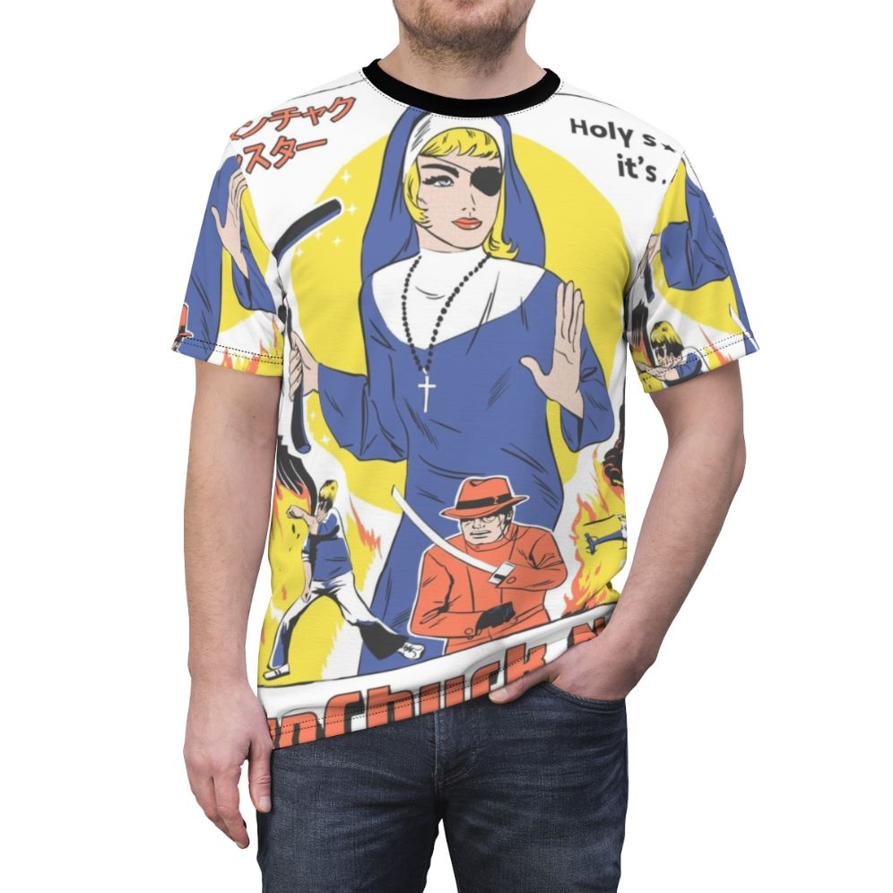 A stylish t-shirt featuring a nun wielding nunchucks in a retro, pop culture-inspired design. - men front