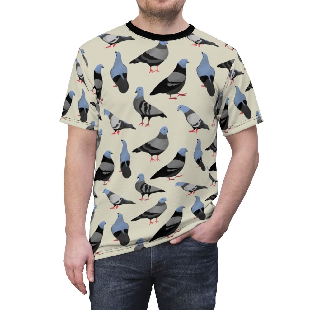 Colorful graphic illustration of pigeons on an all-over-print t-shirt design - men front