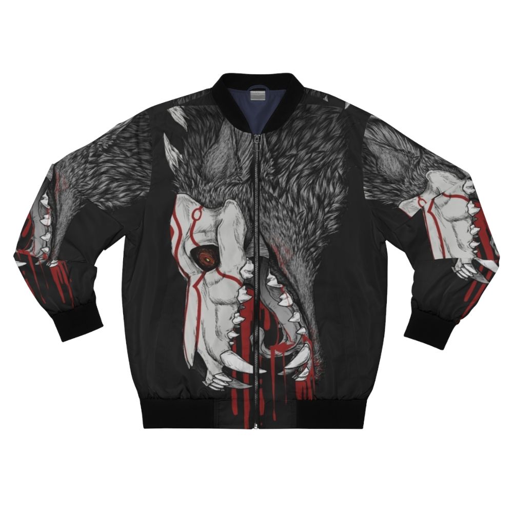 A black bomber jacket with a design inspired by the Grimm creatures from the RWBY anime series.