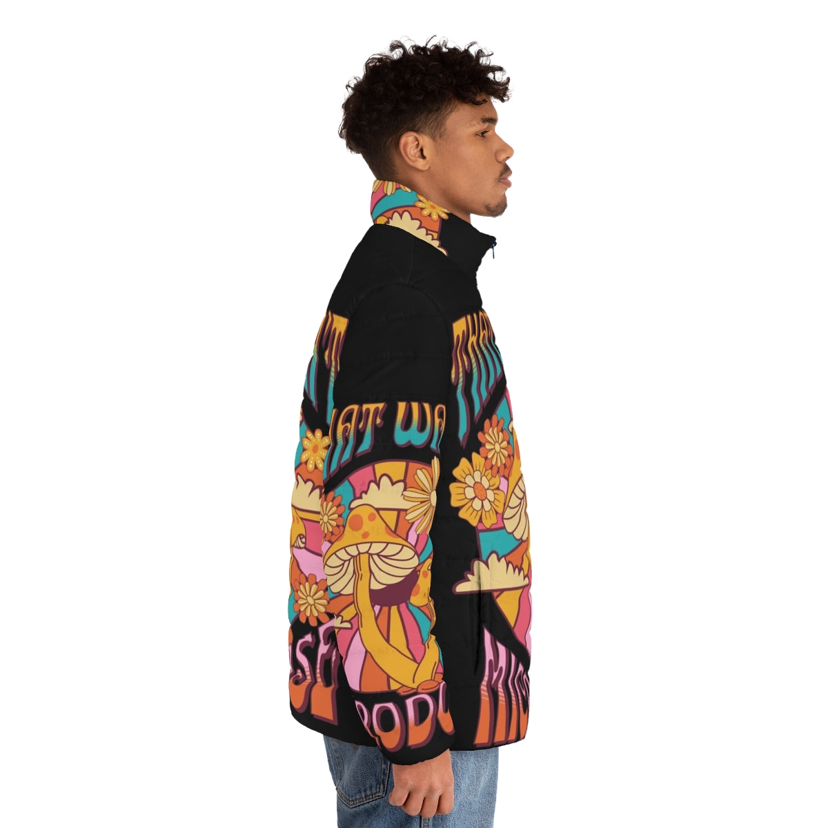 Psychedelic puffer jacket with vibrant, trippy patterns inspired by mushrooms and microdosing - men side right