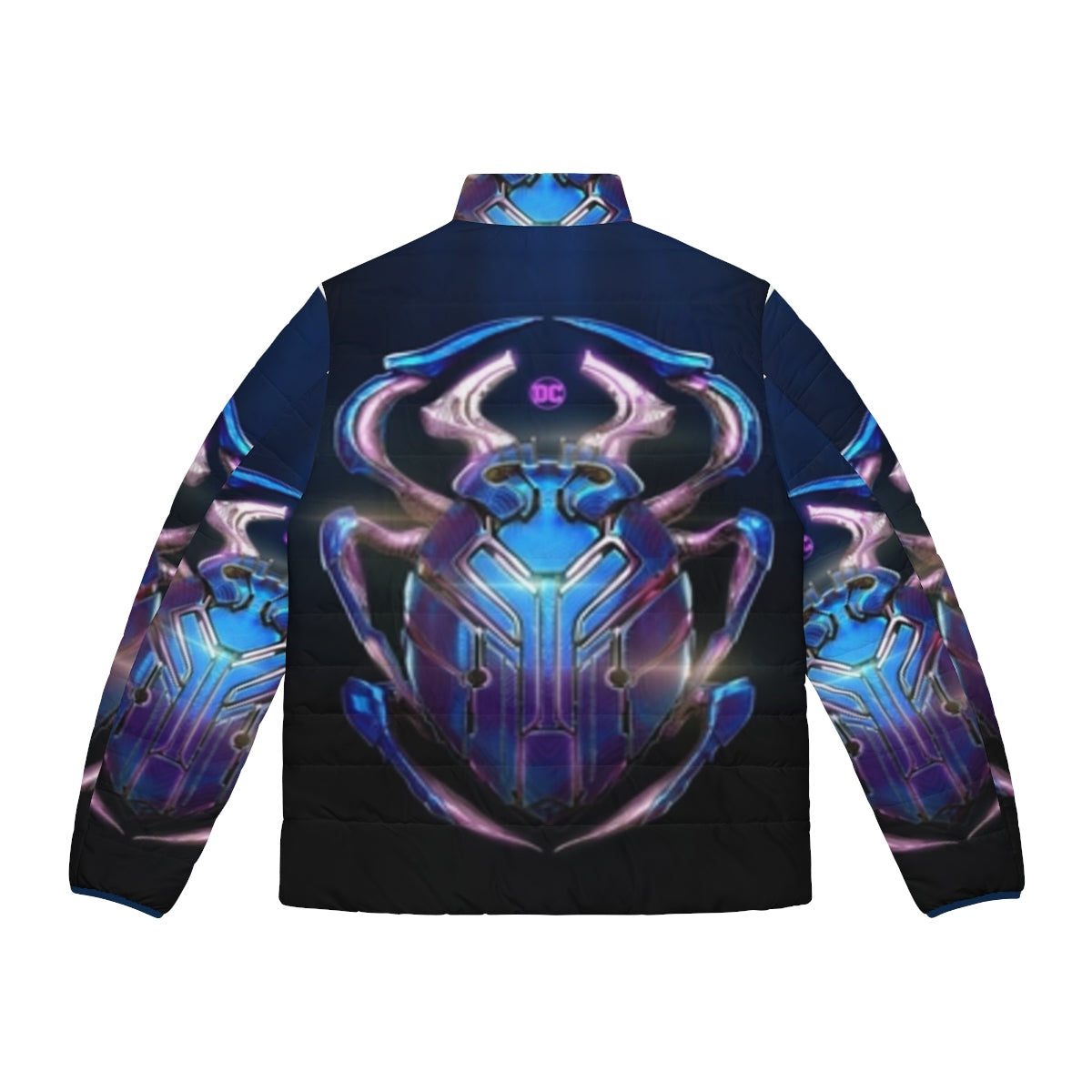 Blue and green puffer jacket featuring the Blue Beetle superhero design - Back