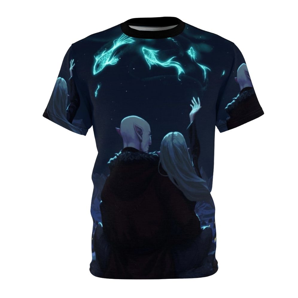 Enchanting fantasy-inspired AOP t-shirt featuring an elf couple from the Dragon Age series