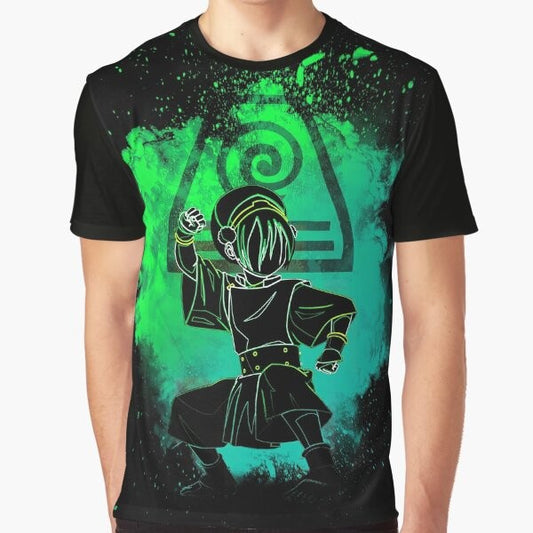 Colorful graphic t-shirt design featuring the silhouette of an earth bender from the Avatar: The Last Airbender cartoon series.