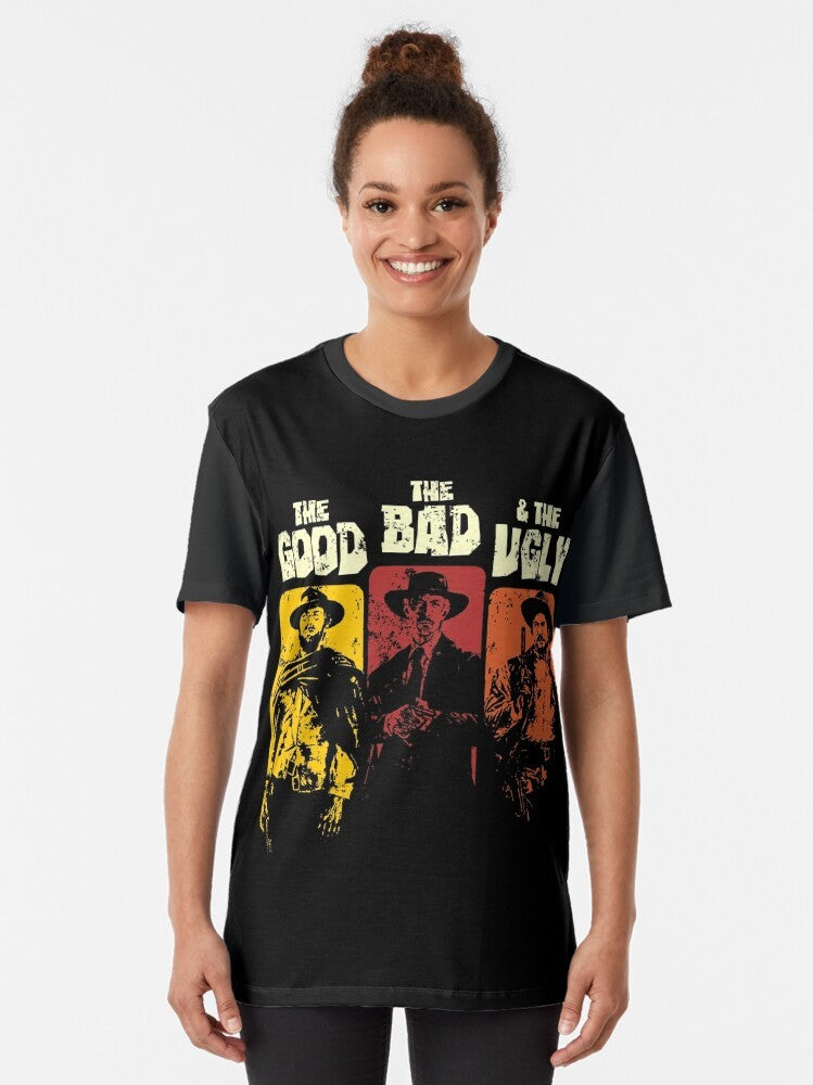 Graphic t-shirt featuring the iconic characters from the classic spaghetti western "The Good, The Bad, and The Ugly" - Women