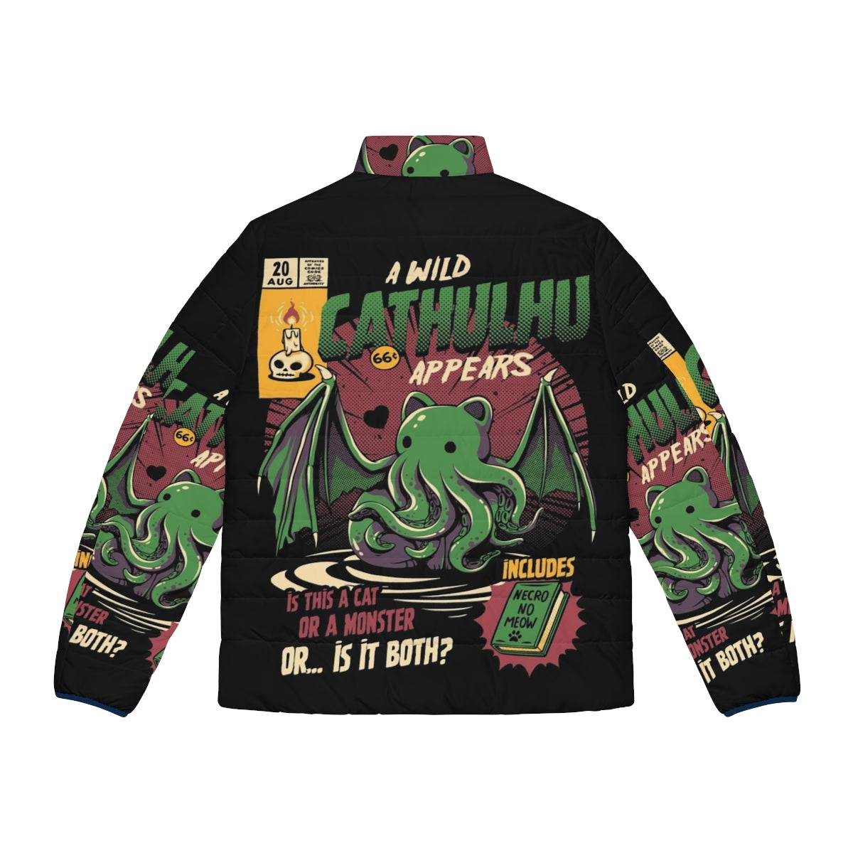 Cathulhu Cthulhu Puffer Jacket with cat and Lovecraft horror design - Back