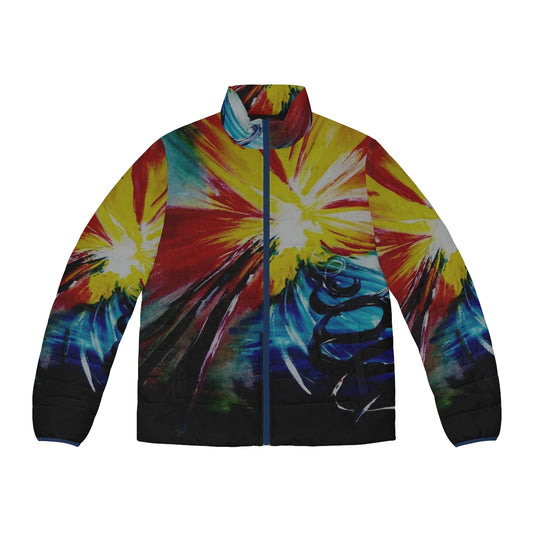 Bipolar Puffer Jacket with abstract and colorful design representing the ups and downs of bipolar disorder