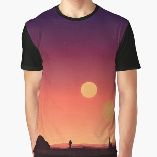 A graphic t-shirt design featuring the iconic planet Tatooine from the Star Wars universe, with its twin suns in the desert landscape.