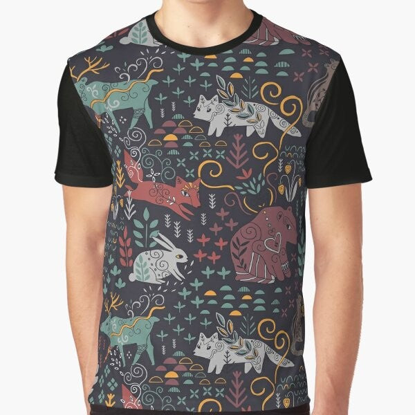 Graphic t-shirt featuring hand-drawn illustrations of Siberian wildlife including bear, deer, rabbit, fox, chipmunk, and sable.