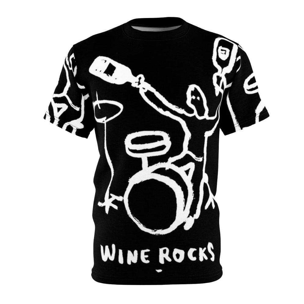 Stylish t-shirt featuring a collage of rocks, musical instruments, and other music-related elements