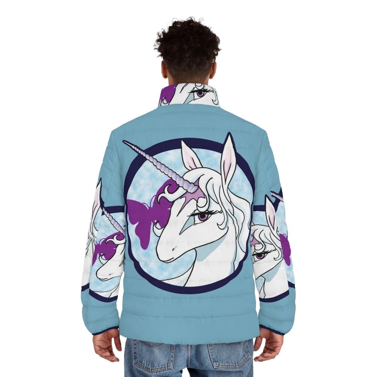 A cozy white and blue puffer jacket featuring the iconic unicorn from The Last Unicorn - men back