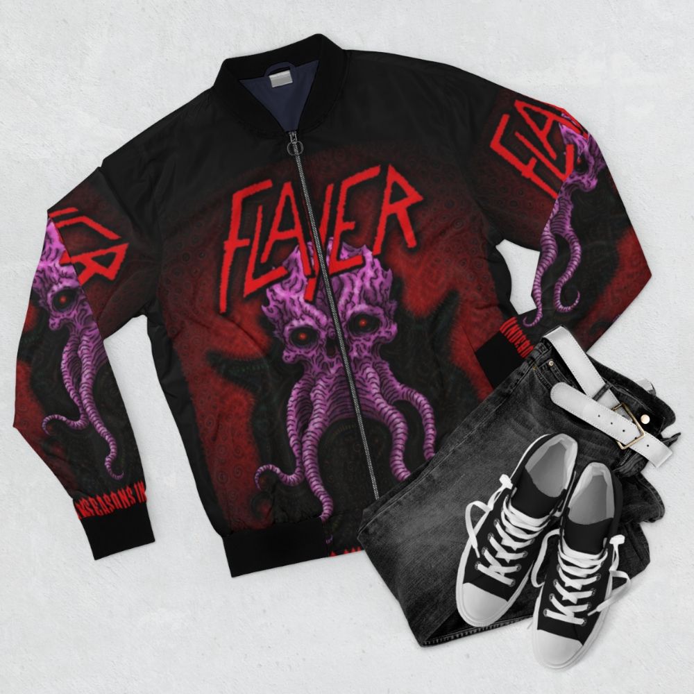 A bomber jacket featuring a mind flayer design, inspired by the Dungeons and Dragons universe. - Flat lay