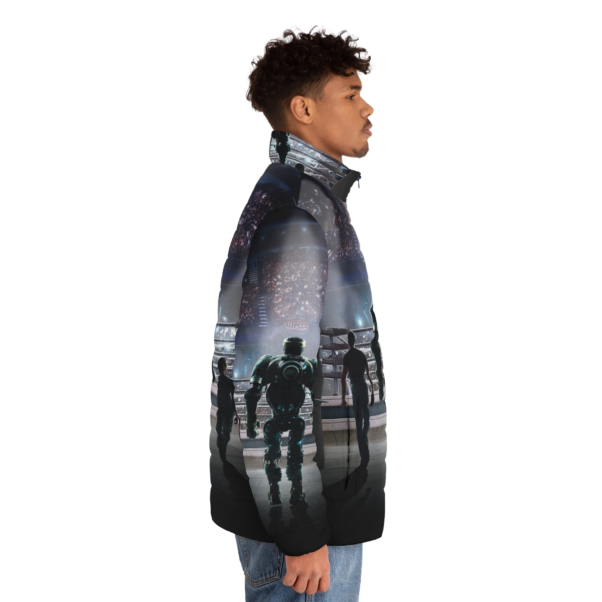 Man wearing a Real Steel movie-inspired puffer jacket - men side right