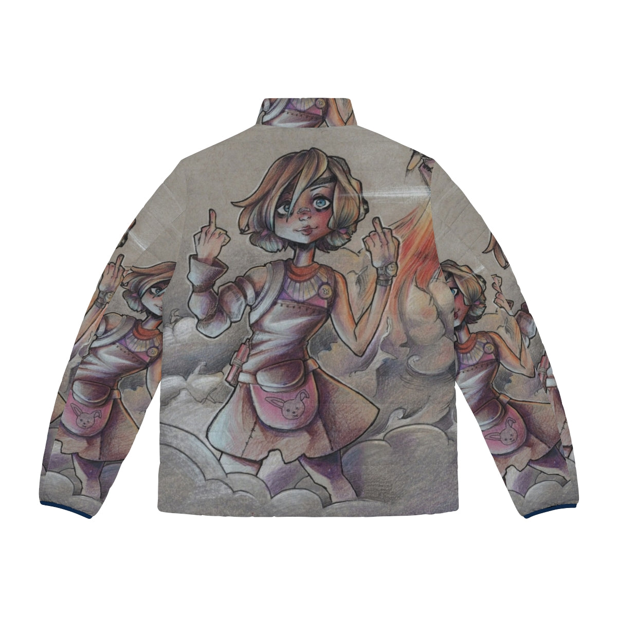 Borderlands Tiny Tina inspired puffer jacket featuring game's iconic character and design - Back