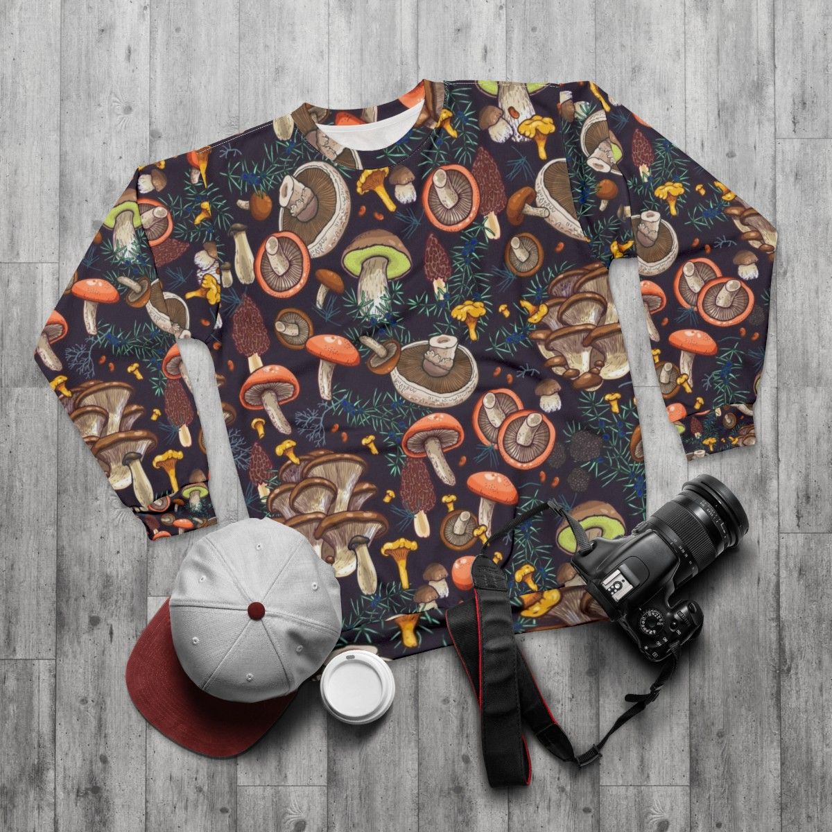 Dark Dream Forest Sweatshirt featuring a botanical mushroom nature design - flat lay