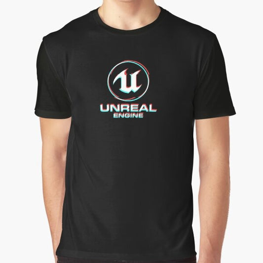 Unreal Engine Glitch Graphic T-Shirt featuring a retro vaporwave-inspired design with the Unreal Engine logo and glitch effect.