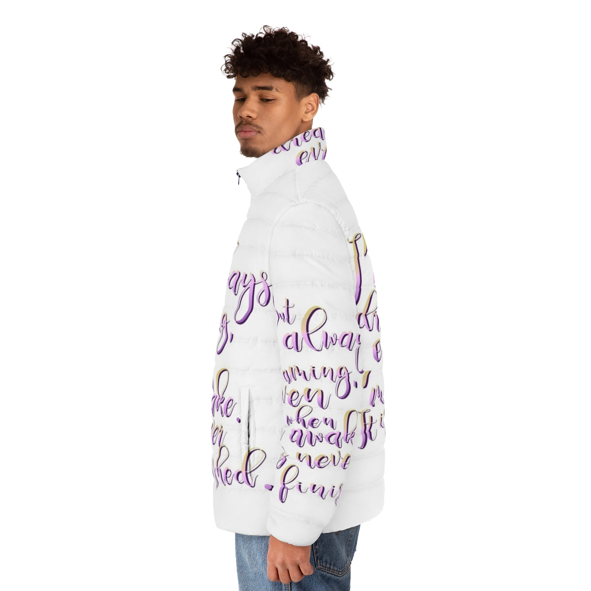 The Last Unicorn Quote Puffer Jacket featuring a whimsical unicorn design - men side left