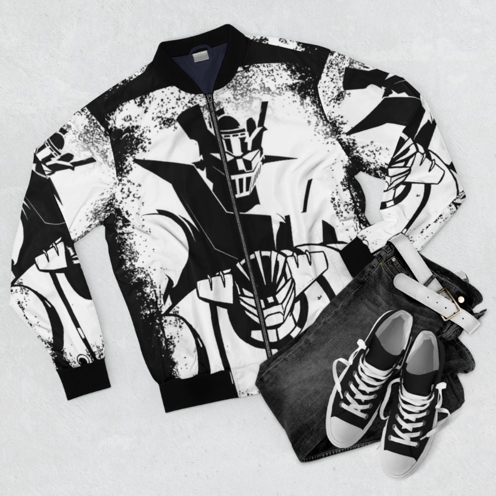 Heroes Never Die anime-inspired bomber jacket featuring robot and mecha design - Flat lay