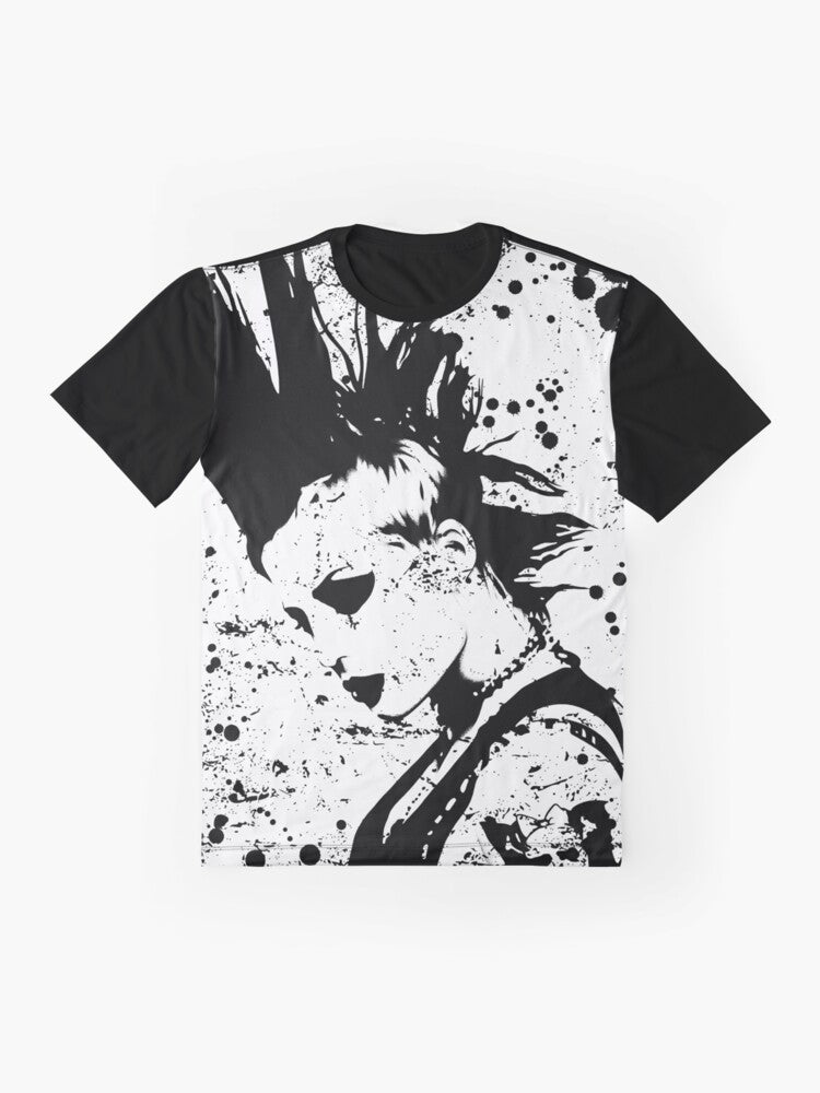 Graphic t-shirt featuring a black and white portrait sketch of punk rock musician Brody Dalle of The Distillers. - Flat lay