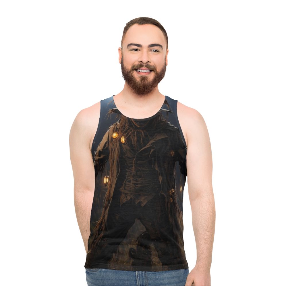 Unisex horror tank top with spooky scarecrow design - men