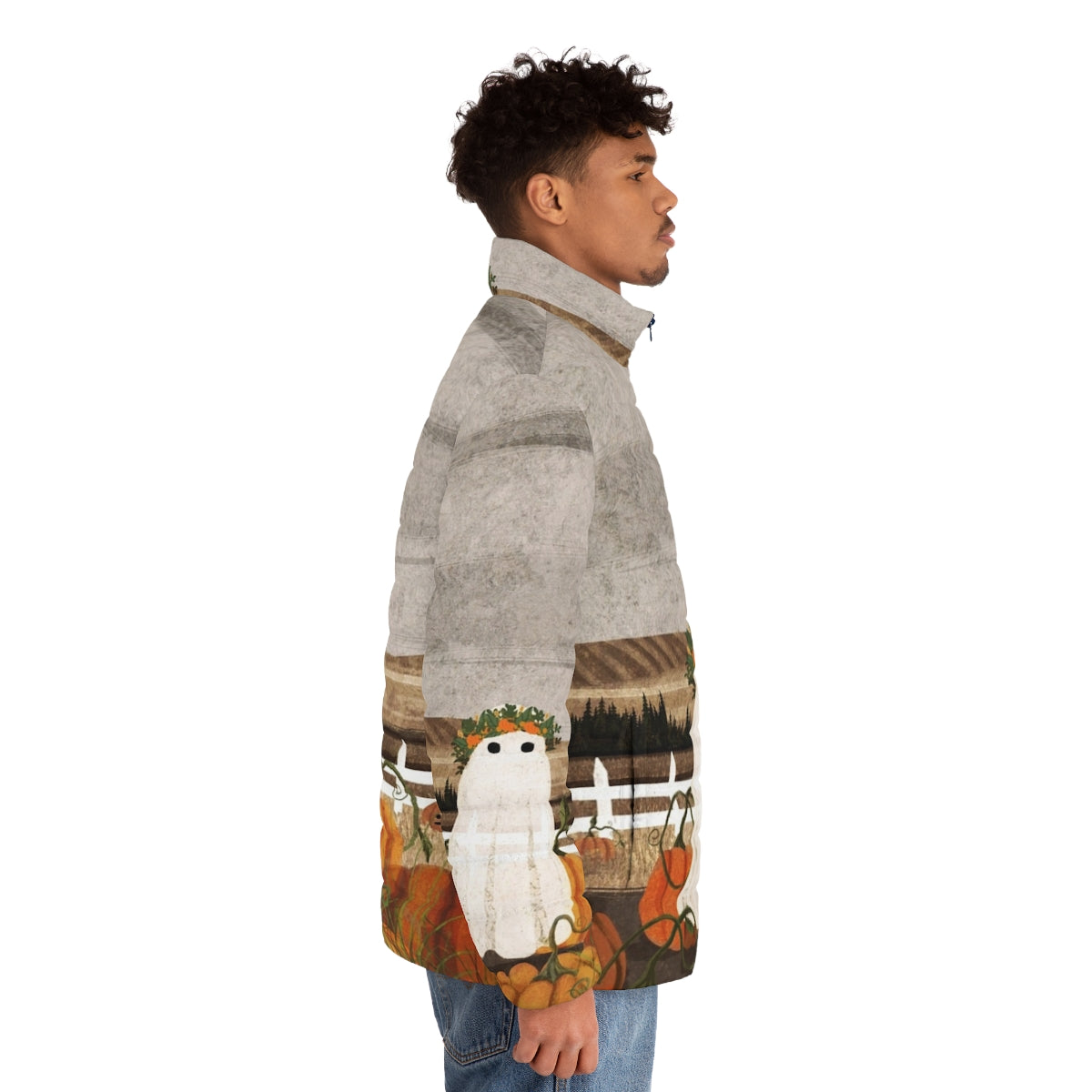 Puffer jacket with a vintage-inspired ghost and pumpkins in a haunted landscape - men side right