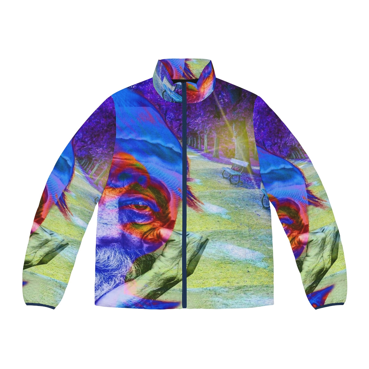 Homelessness puffer jacket with colorful and abstract patterns