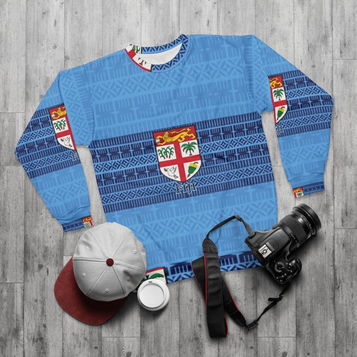 Blue Fiji Flag Masi Tapa Sweatshirt with Tribal and Polynesian Design - flat lay