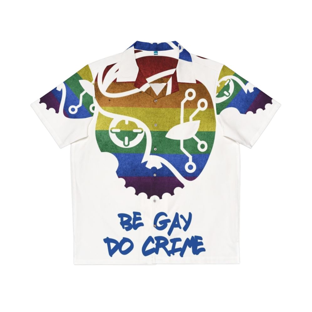 Colorful Hawaiian-style shirt with 'Be Gay, Do Crime' slogan for LGBTQ+ pride