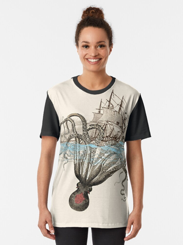 Graphic t-shirt featuring a kraken, a mythological sea monster, with Viking-inspired design - Women