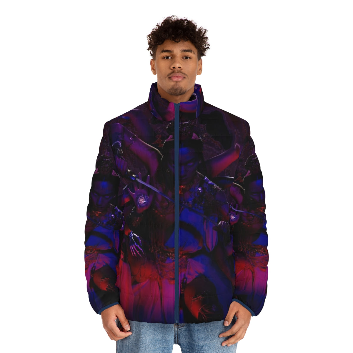 Colorful puffer jacket with queen bee and Ziyoou Vachi band graphics, perfect for anime and J-pop fans - men front