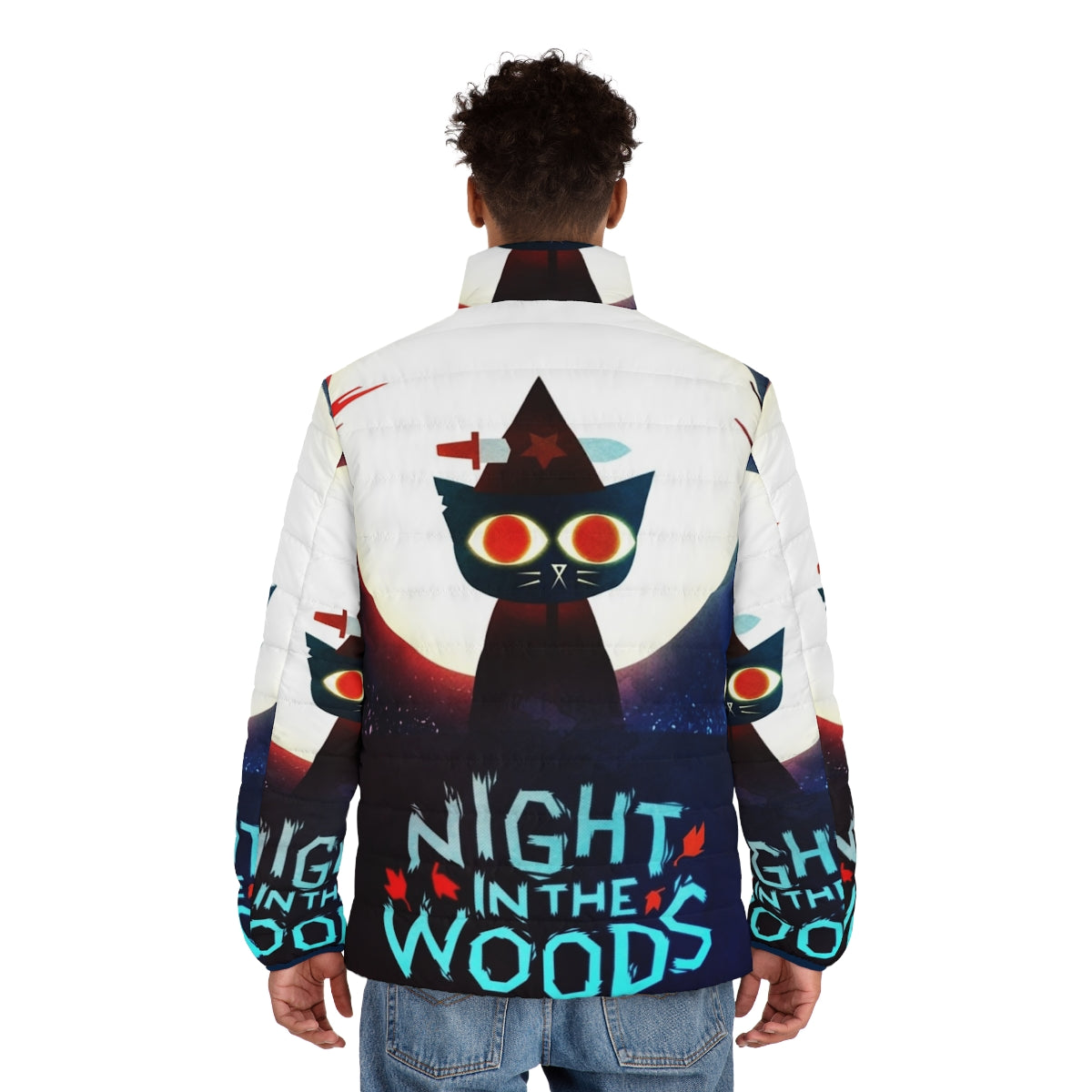 Puffer jacket with witch and dagger design, inspired by the video game Night in the Woods - men back