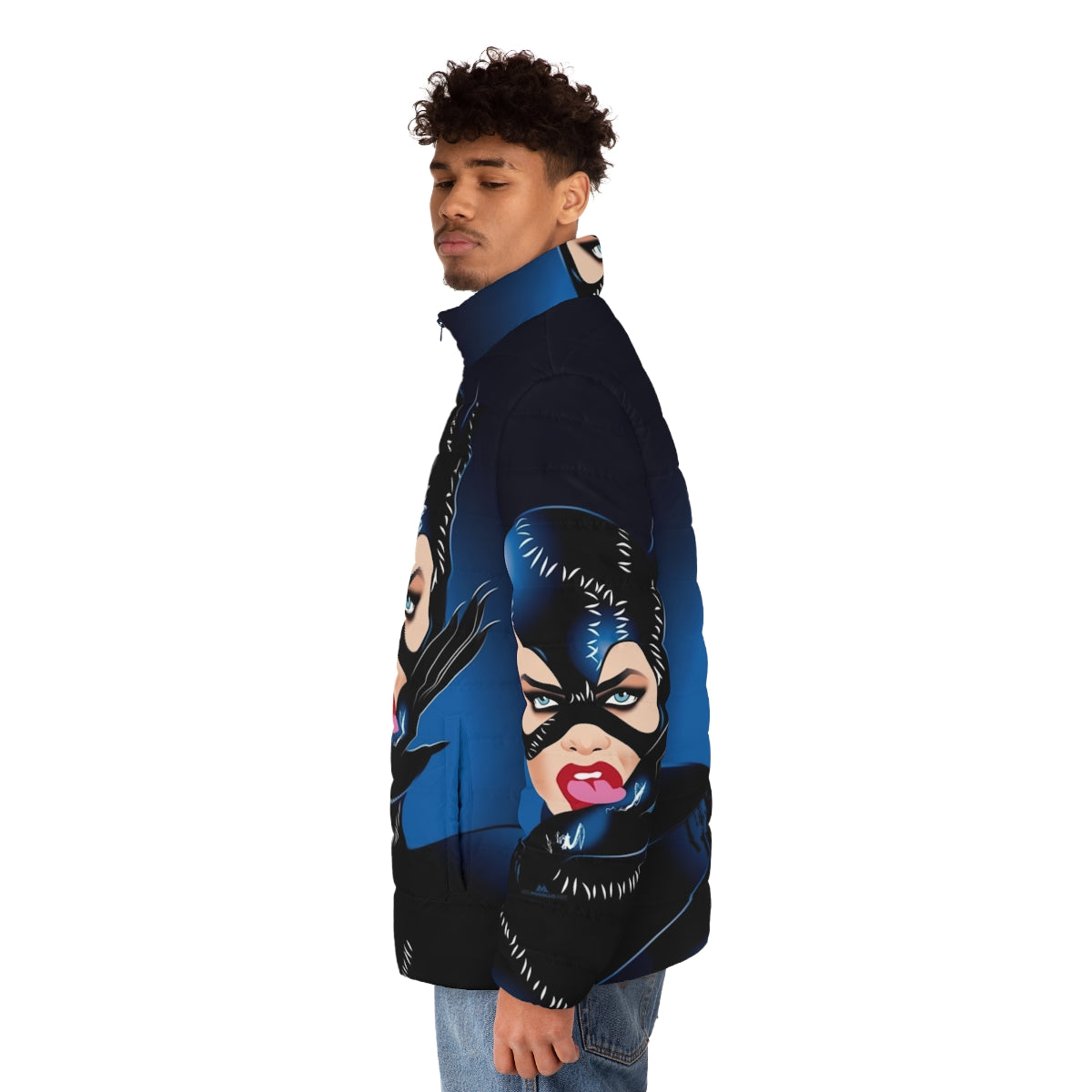 Model wearing a puffer jacket with Alejandro Mogollo's art design - men side left