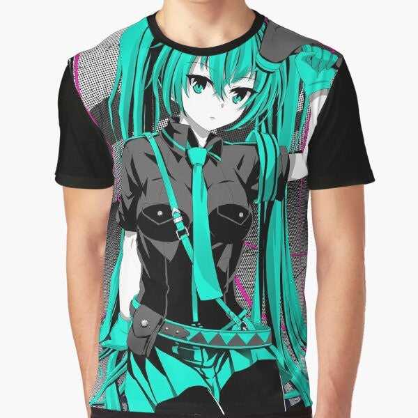 Hatsune Miku anime girl character in "Love is War" tri-tone graphic design on a t-shirt