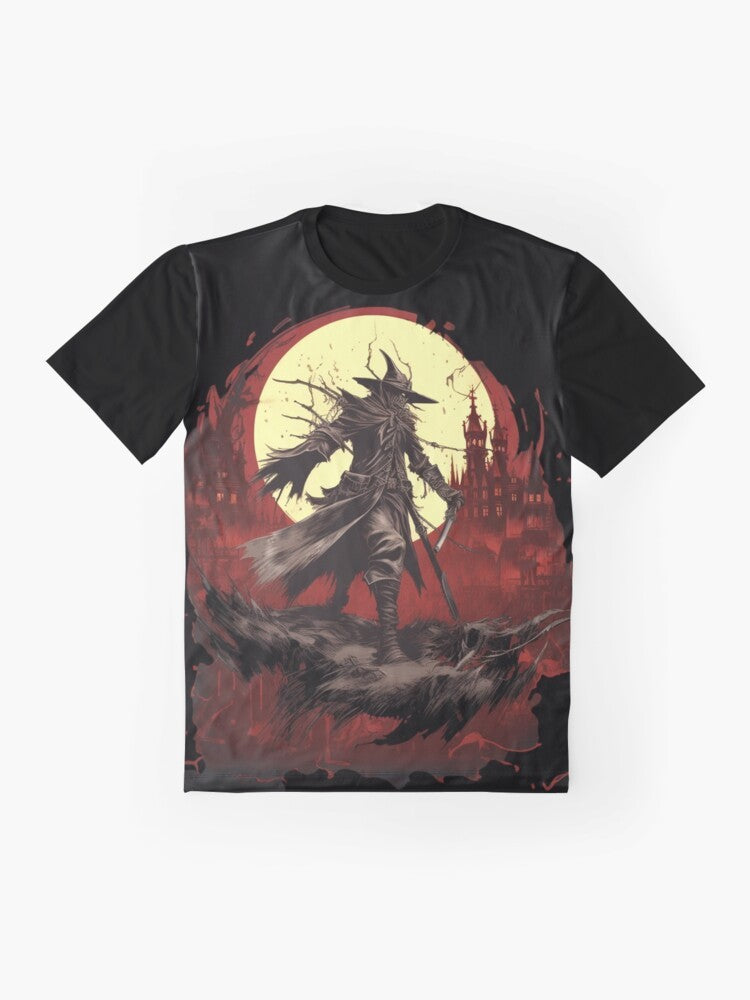 Bloodborne eldritch horror-inspired graphic t-shirt with dark fantasy design elements - Flat lay