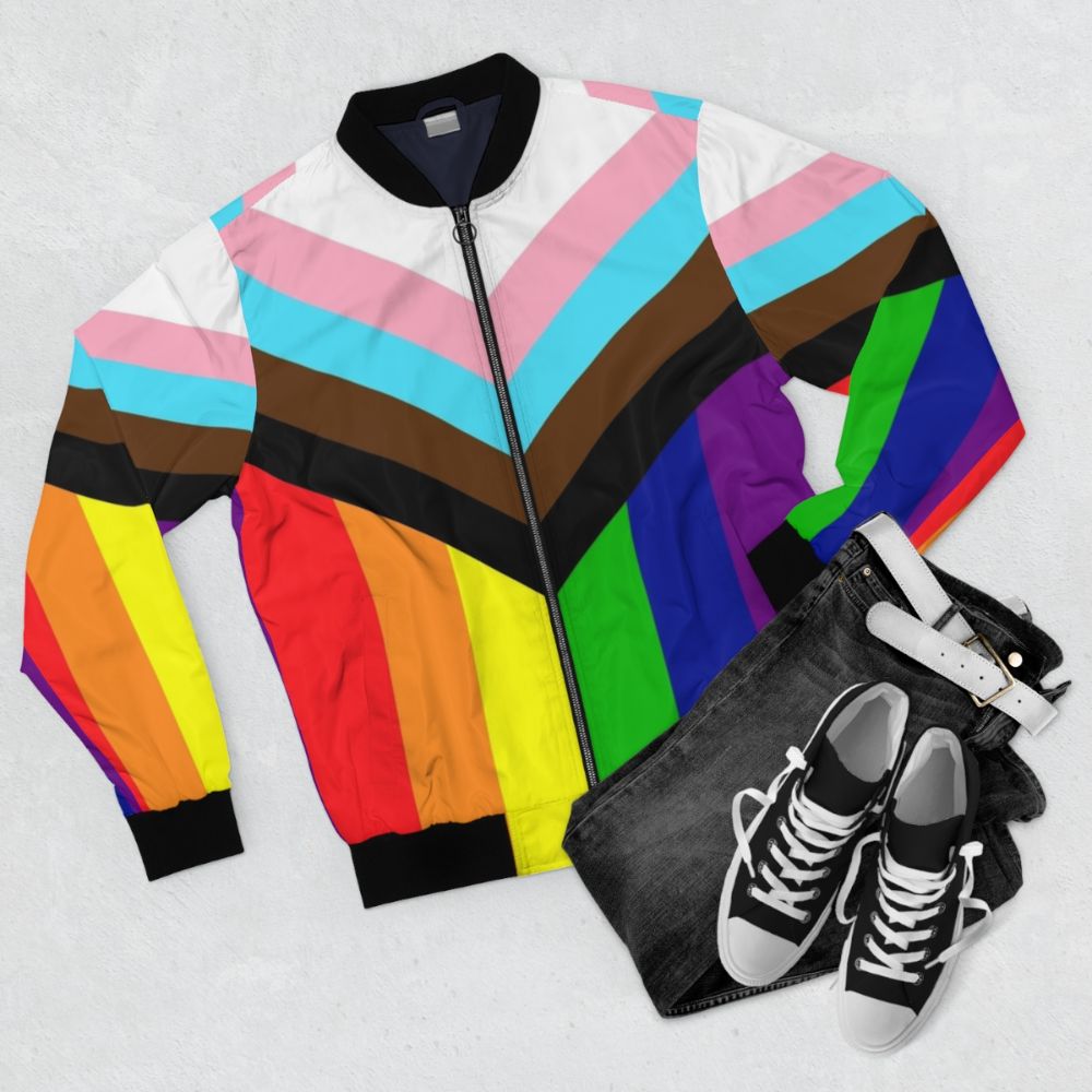 Progressive pride flag bomber jacket with rainbow colors - Flat lay