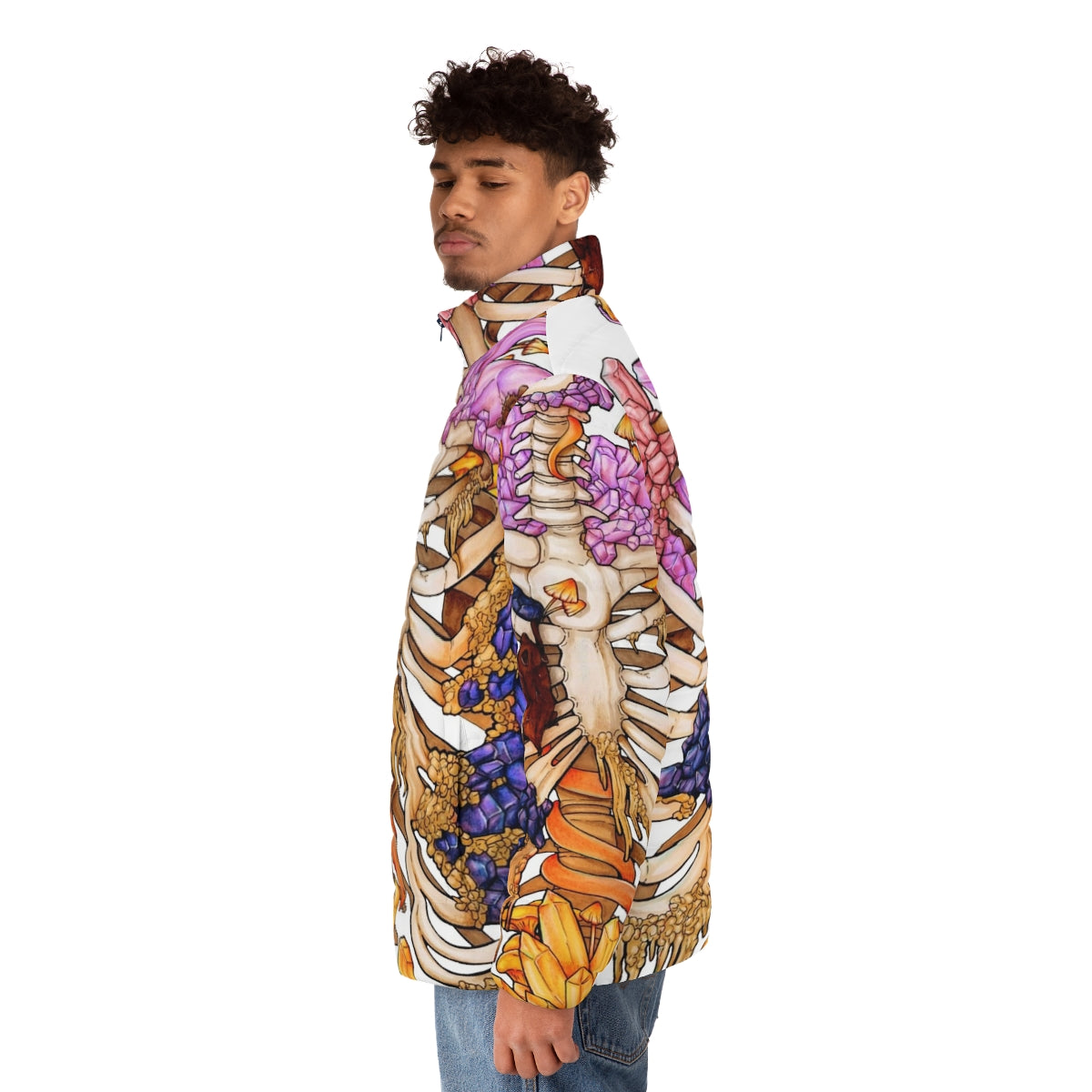 Hidden Gem Puffer Jacket featuring a skeleton design with colorful gems and crystals - men side left