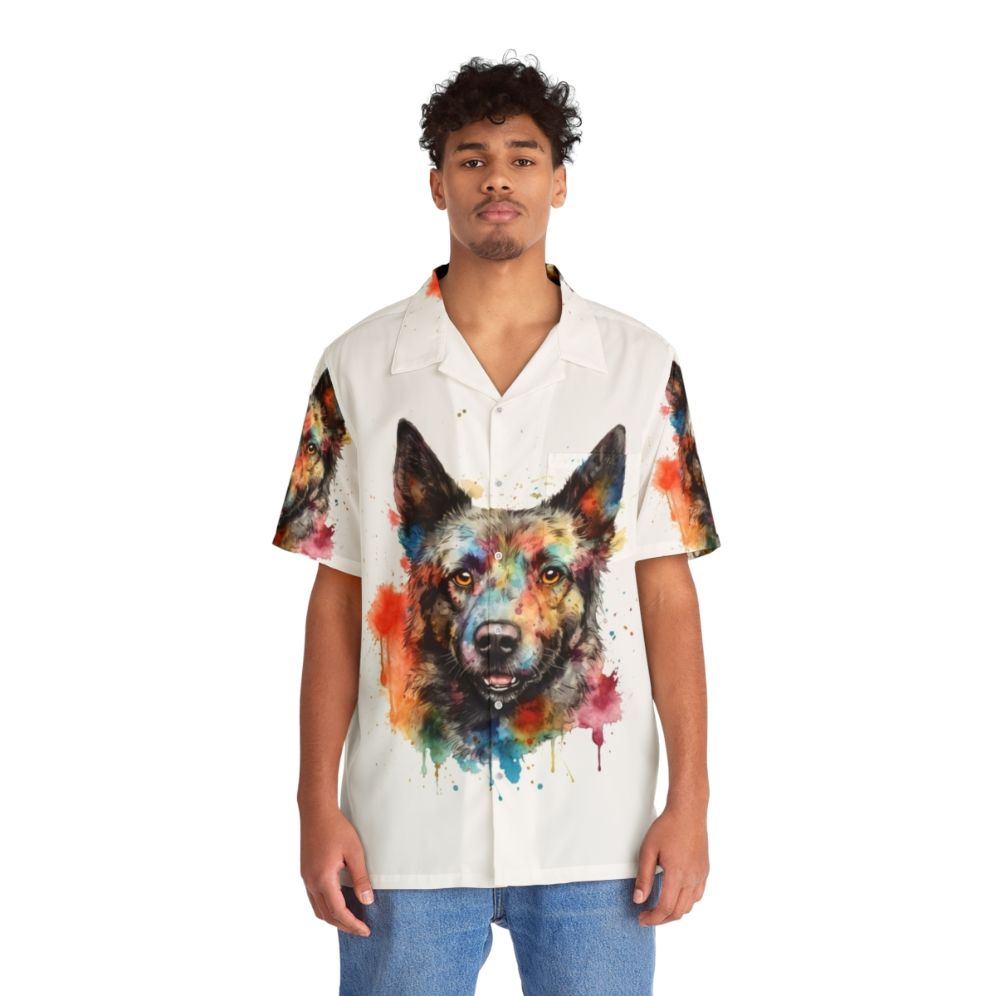 Mudi dog in bright watercolor painting on hawaiian shirt - People Front