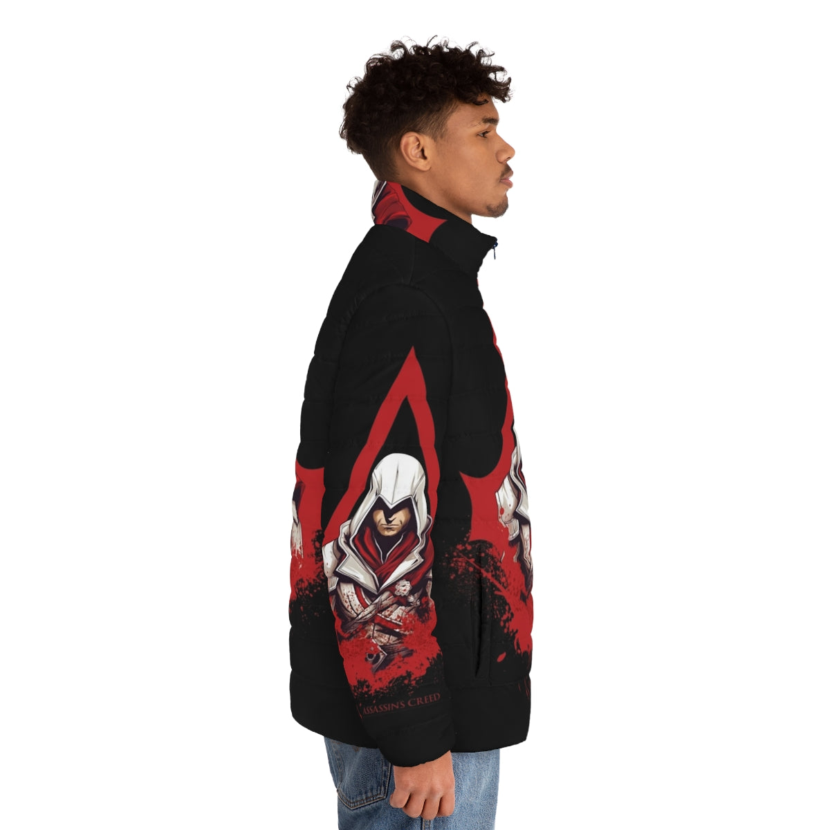 Assassin's Creed themed puffer jacket with game logo - men side right