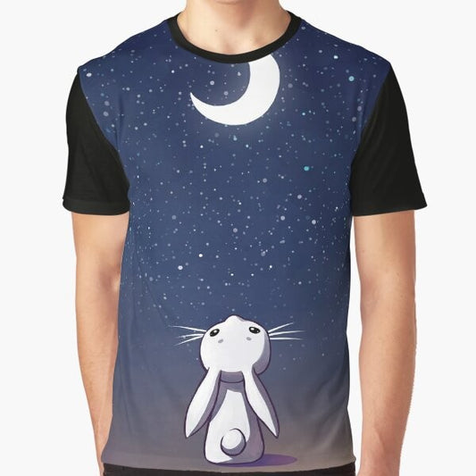 Illustration of a cute bunny or rabbit sitting on the moon, surrounded by stars and a night sky, with a whimsical, fantasy design.