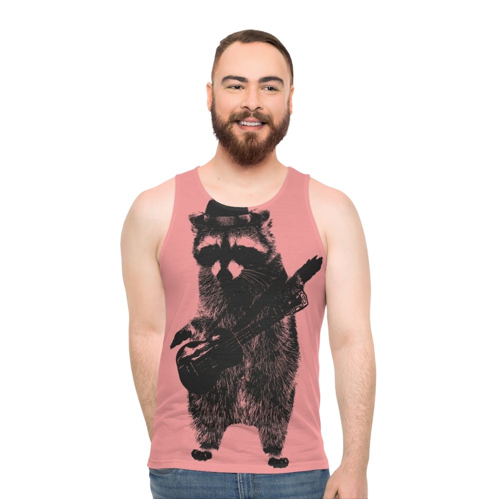 Raccoon wielding ukulele graphic on unisex tank top - men