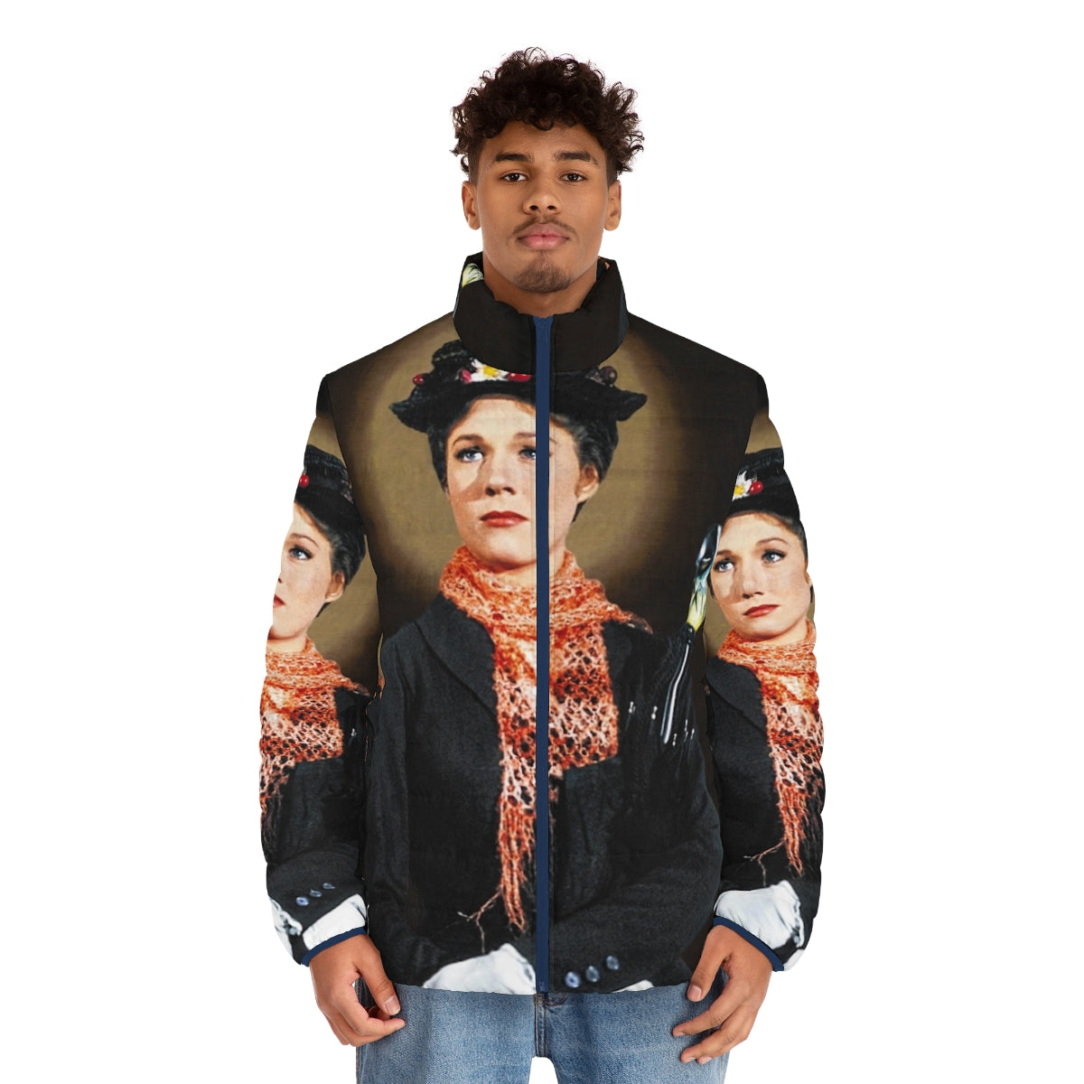 Mary Poppins-inspired puffer jacket with holy mother imagery - men front