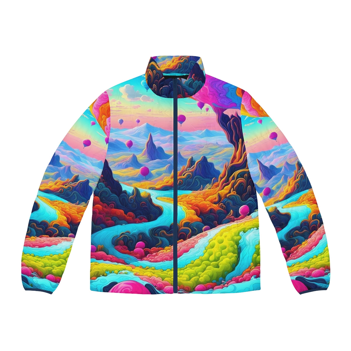 Dreamscape Puffer Jacket 2 - Vibrant, colorful, and psychedelic puffer jacket with neon city lights design