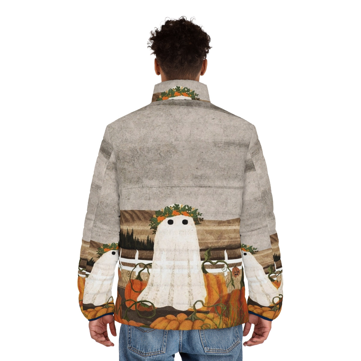 Puffer jacket with a vintage-inspired ghost and pumpkins in a haunted landscape - men back