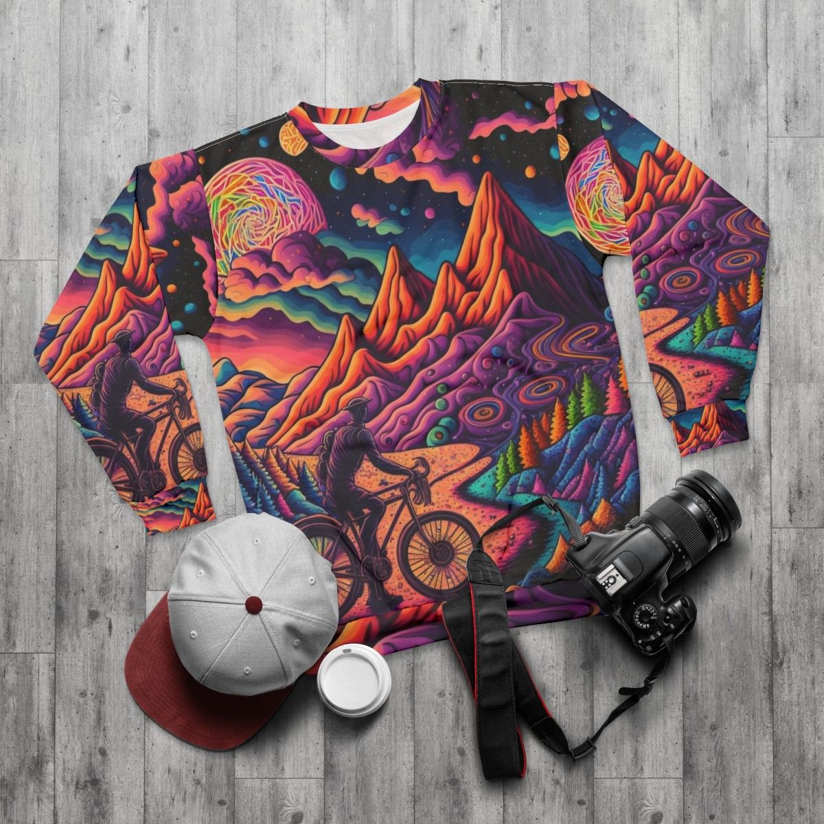 Psychedelic art sweatshirt featuring colorful 1943 bicycle design - flat lay